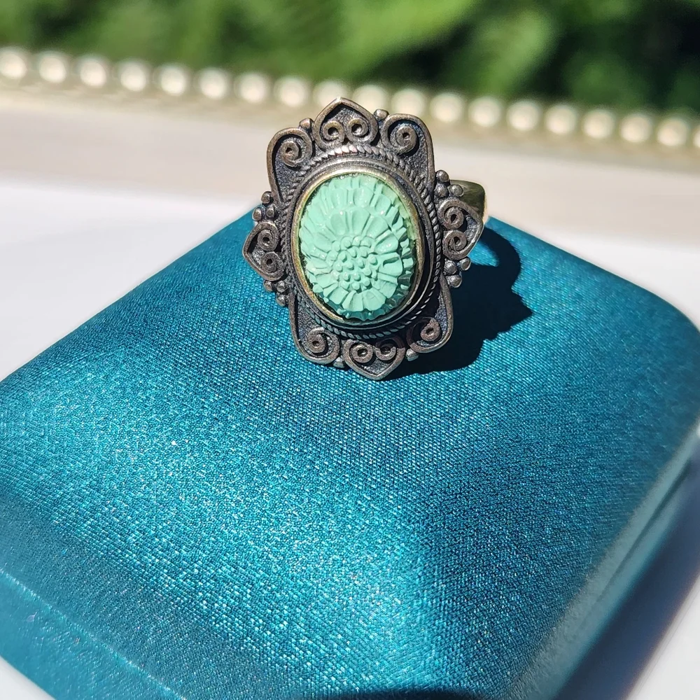 S925 Turquoise flower carved Ring adjustable size band With Antique Finish
